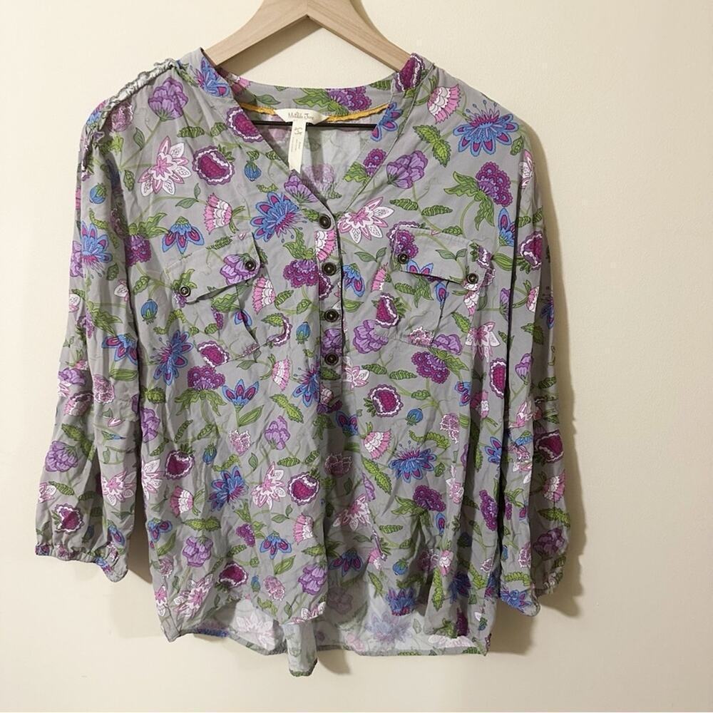 Matilda Jane Womens Floral 3/4 Sleeve Buttons Pockets Shirt Multicolored Size L